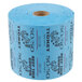 A roll of blue paper raffle tickets with black text.