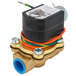 A brass Hobart solenoid valve with orange and blue wires.