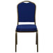 A navy blue Flash Furniture banquet chair with a gold metal frame.