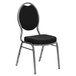 A Flash Furniture black teardrop back banquet chair with a black and silver cushion on a silver frame.