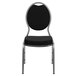 A Flash Furniture black and silver banquet chair with a teardrop back and silver vein frame.