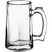 An Anchor Hocking clear glass beer mug with a handle.