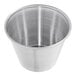 A silver stainless steel round sauce cup.