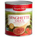 A can of Angela Mia Spaghetti Sauce with a wooden spoon in a bowl of red sauce.