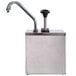 A silver stainless steel Carlisle condiment pump with a black handle.