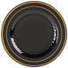 A Fineline Silver Splendor black plastic plate with gold bands.