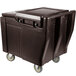 A large brown plastic Cambro mobile ice bin with a sliding lid.