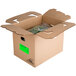 A cardboard box with green food inside.