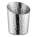 A silver hammered stainless steel cup with an angled top.