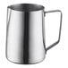 A Choice stainless steel frothing pitcher with a handle.