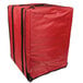 A large red American Metalcraft pizza delivery bag with black straps.