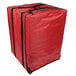 A large red American Metalcraft pizza delivery bag with black straps.