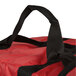 A red and black American Metalcraft pizza delivery bag with a zipper.
