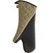 A brown and tan quilted oven mitt with black trim.