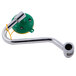 A green and yellow T&S counter mounted eyewash unit with a long curved metal handle.