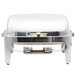 An American Metalcraft stainless steel rectangular chafer with a gold handle.
