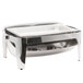 An American Metalcraft stainless steel Adagio chafer with a lid on a counter.
