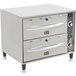 An APW Wyott stainless steel drawer warmer with black handles.