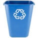 A blue Rubbermaid recycling bin with a white recycle symbol.