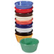 A stack of fluted melamine ramekins in assorted colors including blue, red, green, and yellow.