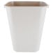 A beige Rubbermaid rectangular plastic trash can with a lid.