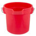 A red Rubbermaid bucket with a handle.