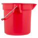 A close-up of a Rubbermaid red bucket with a metal handle.