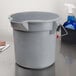 A Rubbermaid Brute grey bucket on a counter.