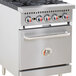 A silver Cooking Performance Group gas range with a stainless steel door handle.