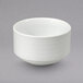 A close up of a Oneida Botticelli bright white porcelain bouillon cup with a small rim.
