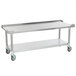 A stainless steel APW Wyott equipment stand on wheels with a galvanized undershelf.