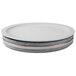 A Frilich round soapstone cooling plate with silver trim.