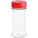 A clear plastic container with a red and white dual flapper lid.