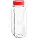 A clear plastic rectangular spice container with a red dual flapper lid.
