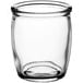 A clear glass jar with a curved bottom.