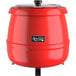 An Avantco red soup kettle with a lid.
