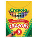 A yellow and green Crayola box of 8 crayons with a close-up of a crayon.