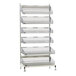 A white metal Metro qwikSIGHT basket supply rack with six shelves.