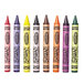 A row of Crayola jumbo crayons in assorted colors.