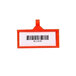 An orange plastic Metro qwikSIGHT label holder with a barcode tag.