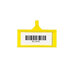 A yellow tag with a barcode on a white background.