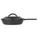 A black Lodge cast iron skillet with a handle and lid.