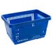 A blue plastic shopping basket with plastic handles.