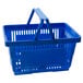 A close-up of a blue Regency shopping basket with plastic handles.