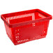 A red plastic shopping basket with plastic handles.