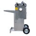 An aluminum R & V Works outdoor deep fryer with a stand and wheels.