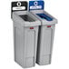A couple of grey Rubbermaid Slim Jim recycling stations with blue and green lids.