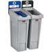 A Rubbermaid Slim Jim recycling station kit with open and paper lids, two grey trash cans with blue and green labels.