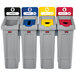 A white rectangular Rubbermaid recycling station with 4 different colored lids and labels.