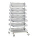 A Metro qwikSIGHT double-sided metal shelf with seven basket levels.